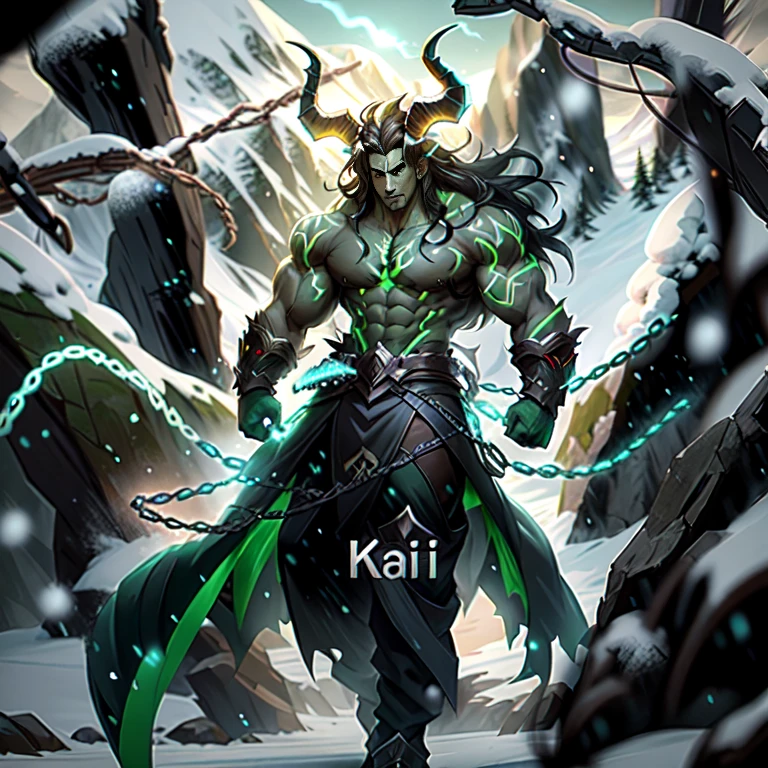 Huge buff man, green markings all over body, long flowing black hair, huge horns, snowy valley background, anime style, riot games concept art, amazing 8k character concept art, face not clearly visible, dark cold lighting, low light,bare upper body