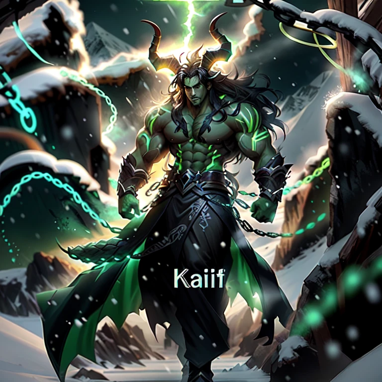 Huge buff man, green markings all over body, long flowing black hair, huge horns, snowy valley background, anime style, riot games concept art, amazing 8k character concept art, face not clearly visible, dark cold lighting, low light,bare upper body