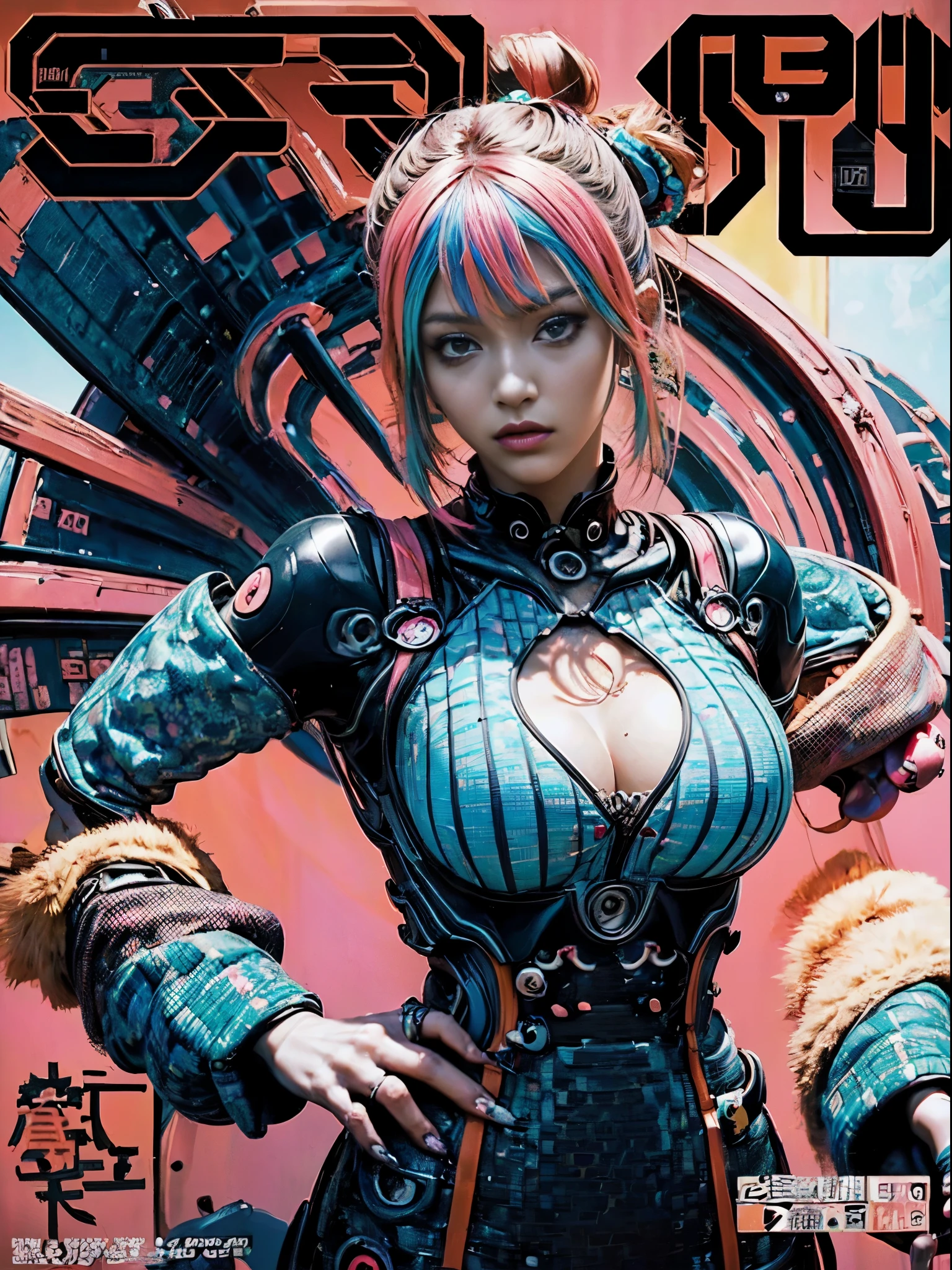 Flowing_contour biomechanical__cybernetic_airbrush___Strange__(((Japanese Harajuku style Fashion_((((Magazine_cover), bright colors)))__art_decor_Border)))__porcelain_and_Platinum / Futuristic Cyberpunk woman with porcelain skin, (cybernetic implants.)