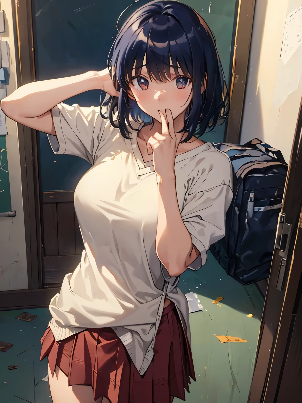 ((( masterpiece ))) Background : ( school theme, classroom messy, best quality, highly detailed ). Character ; ( 1girl, Suou Mikoto, wearing oversized sweaters and skirt, innocent, dark blue short hair )