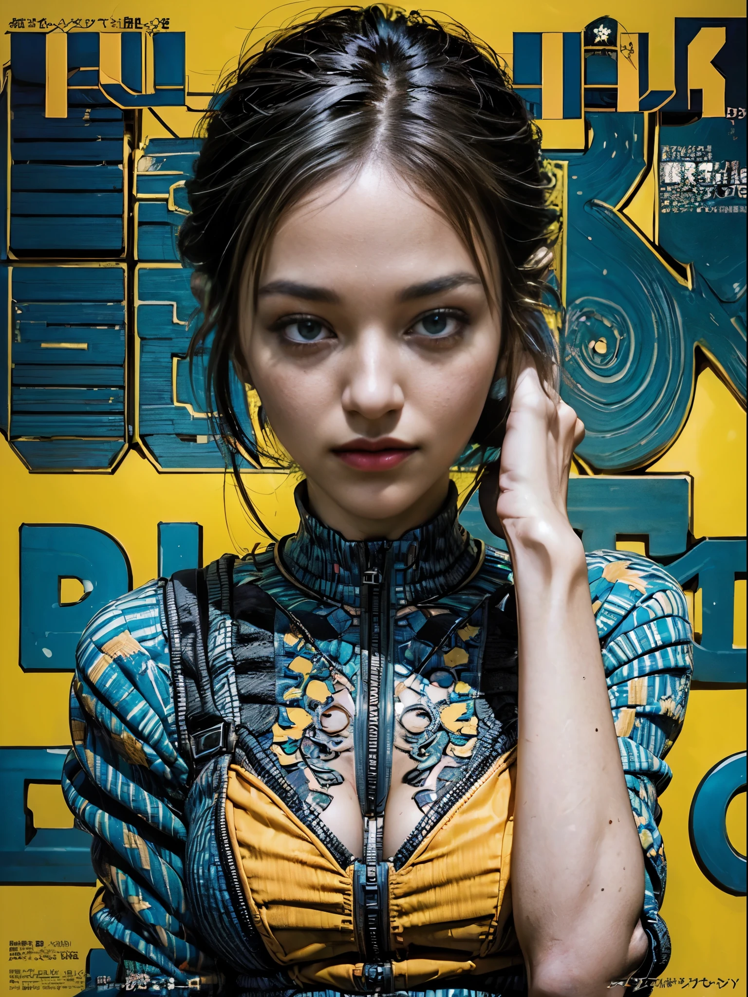 Flowing_contour biomechanical__cybernetic_airbrush___Strange__(((Japanese Harajuku style Fashion_((((Magazine_cover), bright colors)))__art_decor_Border)))__porcelain_and_Platinum / Futuristic Cyberpunk woman with porcelain skin, (cybernetic implants.)