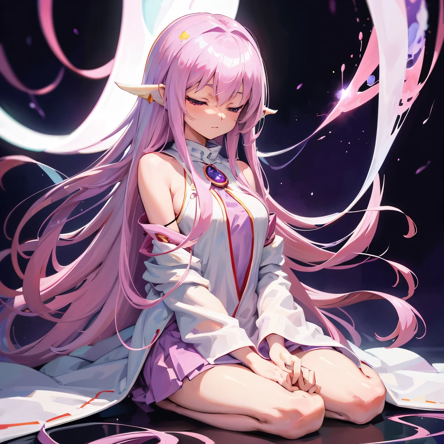 cosmic background left and right eyes closed Zazen sitting down on the floor Zazen woman in white dress with long purple hair, humanoid pink female squid girl, full body white purple cloak, 『Digimon』Angeumon, flowing white robes, Madoka Kaname, codeGeass, visual novel sprite, purple eyes and white dress, rei hino as a princess, Nico in white dress, グラマラスなアンジュウーマンDigimon, anime goddess