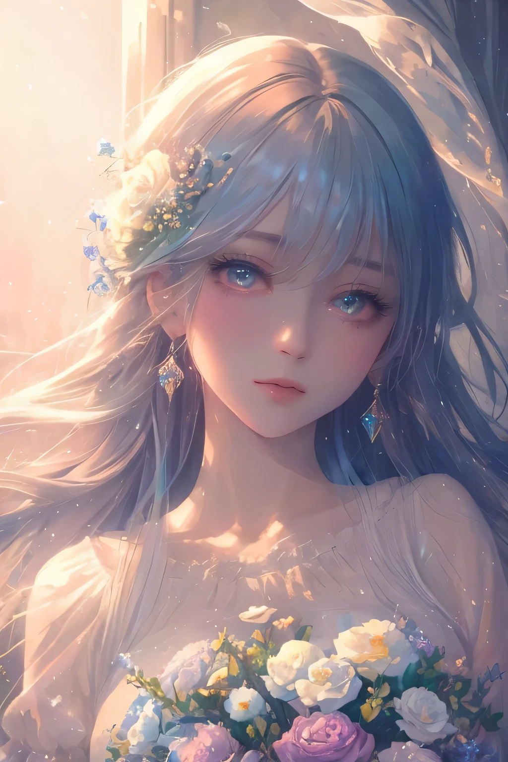 (High quality, 8K), (Soft light), Rainbow Color, One girl, Detailed face, Detailed eyes, Watercolor paiting, very magical and dreamy, dreamy and detailed, dreamy ambianceとドラマ, Gorgeous atmosphere, Beautiful dreamy lighting, dreamy ambiance, Beautiful atmosphere, Dreamy Romantic, Ethereal dreamy theme, Magical atmosphere, Beautiful atmosphere, Anime Background Art, Magical atmosphere + masutepiece, dreamy aesthetic, Beautiful details with atmosphere, Many flowers, Bubble, Water, Flower Garden