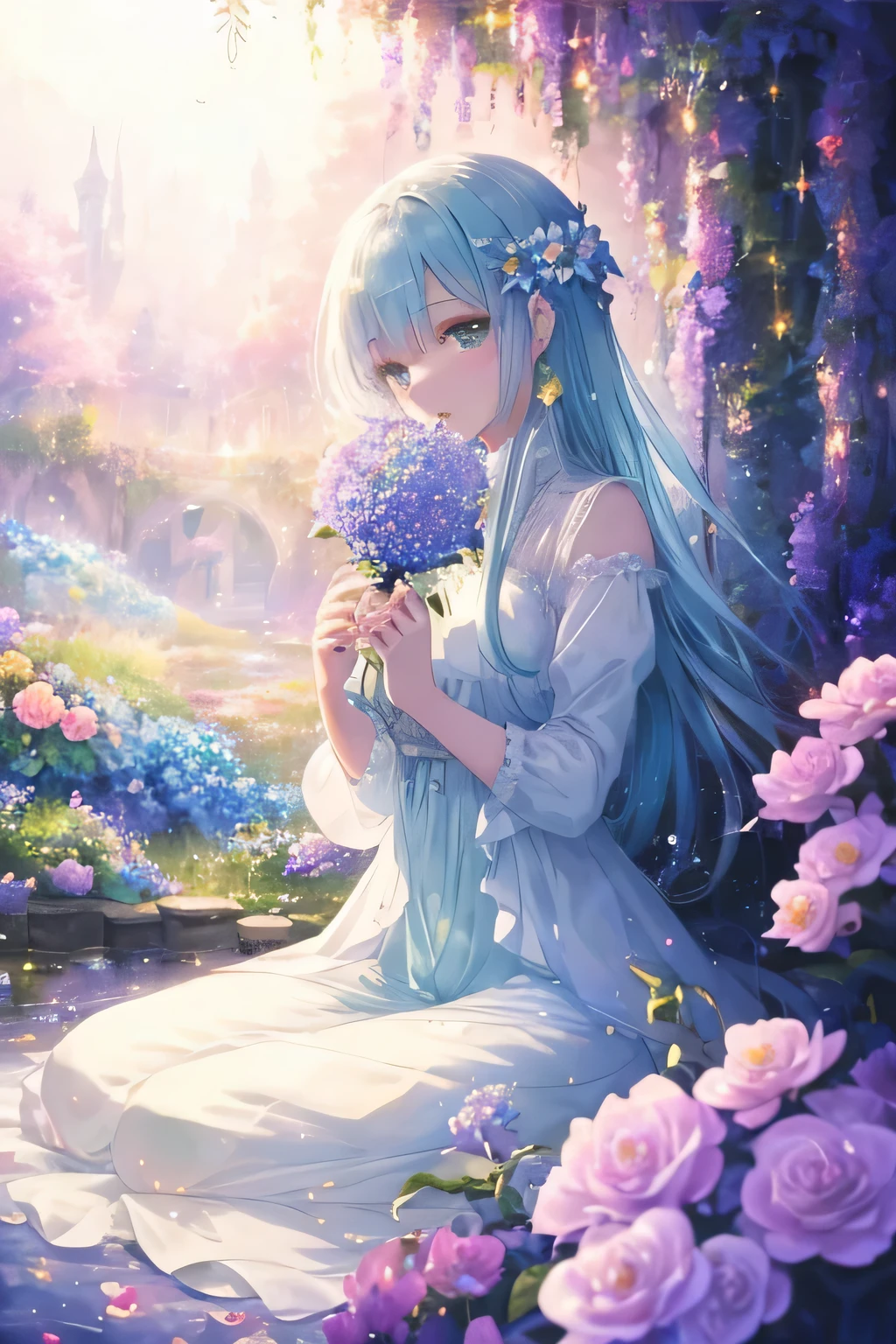best quality, 32k, RAW photo, incredibly absurdres, extremely detailed, delicate texture, beautiful girl drowning in flowers, filled with flowers, sea of flowers, pastel colors, motion-blur, action-lines