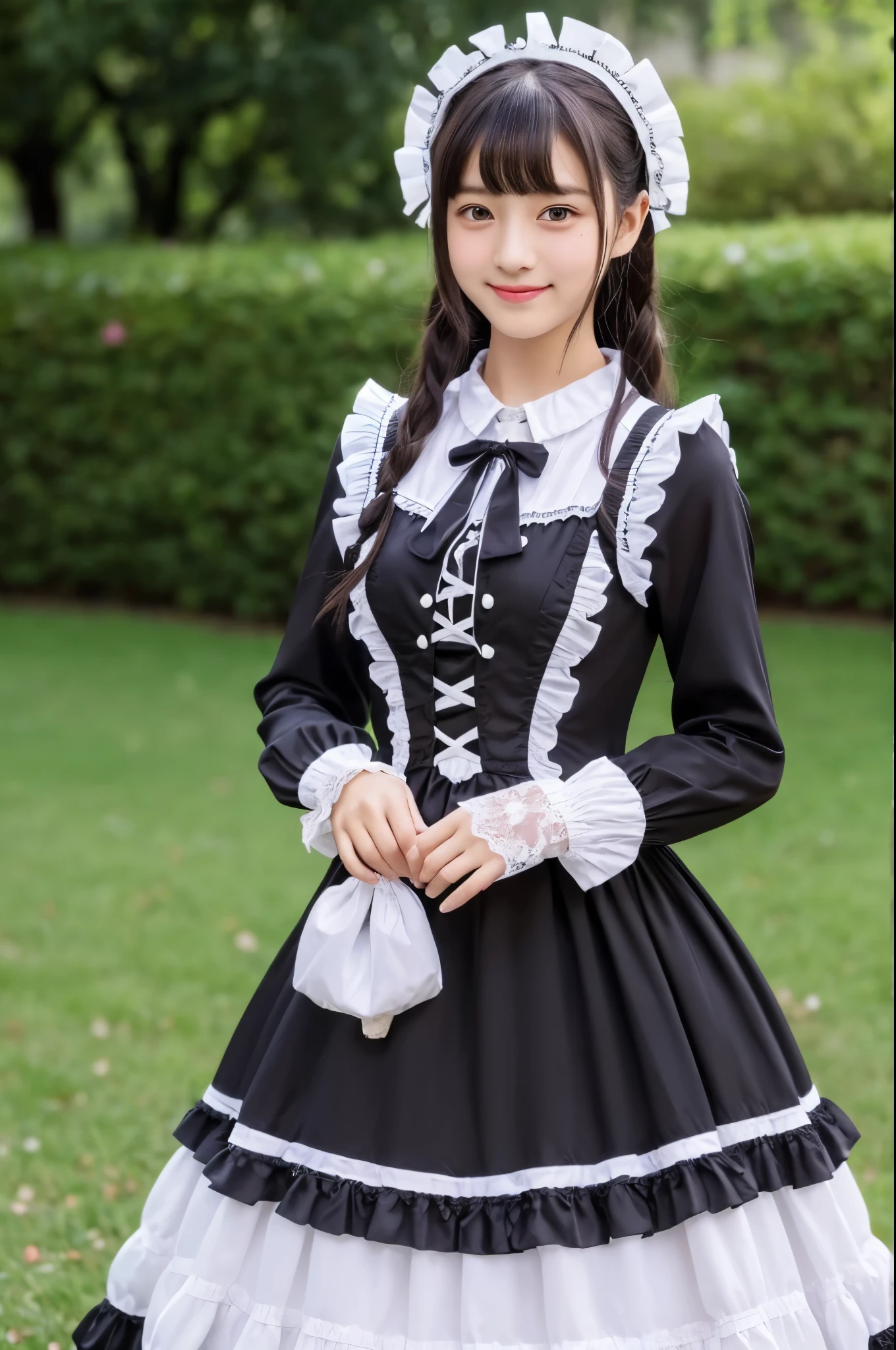 (realisitic、Photorealsitic:1.37)、8K、(​masterpiece)、(top-quality:1.4)、(超A high resolution:1.2)、(RAW Photography:1.2)、Ultra detailed backgrounds、(Unity 8k壁纸)、an exquisitely detailed and beautiful face and eyes and skin、 Nogizaka Musume 1、Very cute、a beauty girl、14years、rose hair accessory、Fine black polished hair、elegant frills、frilled tie、Ribbon tie、(Gothic Lolita Fashion)、(a dress with delicate lace、 soft fabric、And beautiful rose patterns)、perfect anatomia、4fingers and 1thumb、Smile at the camera、cowboy  shot、european castles、