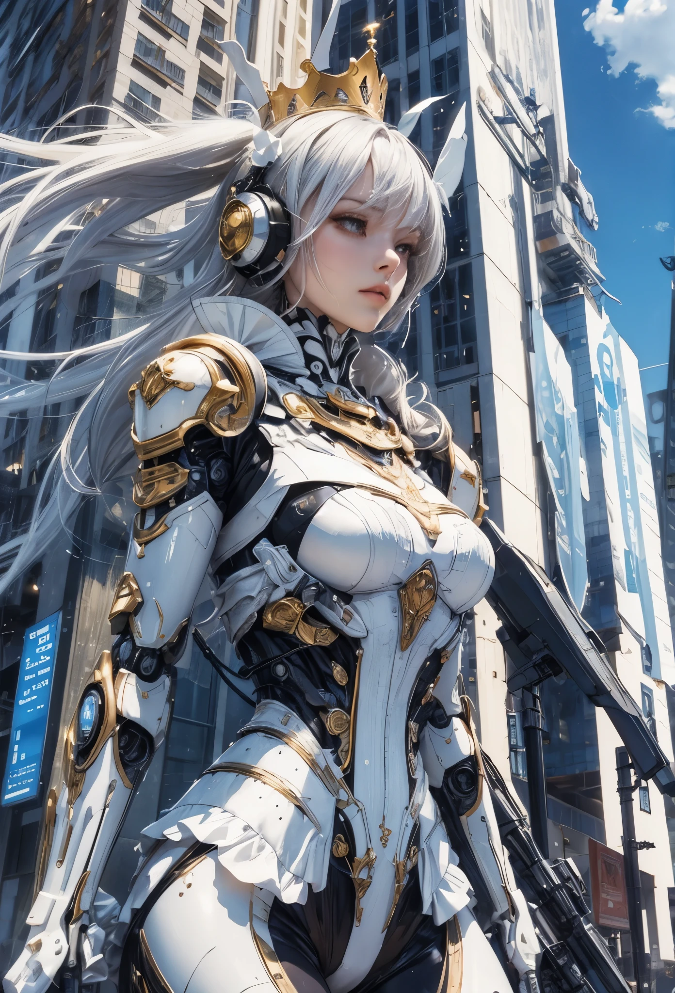 (Detailed illustrations,Very detailed and detailed drawing,Delicate lines with slow and rapid,Realistic texture expression),[Color tressed main line],[Modern city skyscrapers background],(ANIME)(A white GIANTROBOTGirl towering over the building area (SKINNY[SLENDER])),[AUTOMATON](A painstaking face like a sculpture[ROBOTFACE[Eyes like jewels that emit blue-white light]])[[Titanium internal skeleton](Delicate thin fingers) (MACHINEKNIGHT)],((Elegant exterior with many curved surfaces [smooth body surface]) (large crown [[large raised shoulder pad]](Ruffle Petticoat)))[It is called the princess lily of white porcelain],[[TITANWEAPON]] Mecha Body Metal Skin [Cable running down the body surface [gear wheel]],[Platinum coating],[Science Fiction Mechanical [Steampunk]],([beautiful and artistic decoration] [Dense detail [White lily pattern]])[Transparency],(detaileds,high-detail),[[long and beautiful eyelashes]Perfect and beautiful face],[Meticulously drawn hair [美しく艷やかな髪のdetaileds]],(完璧な手のdetaileds [Beautiful fingers without breakdowns [Beautiful nails]]),(Perfect Anatomy(Perfectly proportioned))[[Full body like]],[Ideal color coordination(Accurate simulation of light-material interactions)],([Precision Detail](detaileds,high-detail)),(Huge feeling [Total length 40 meters])[Visual art that conveys a sense of narrative].