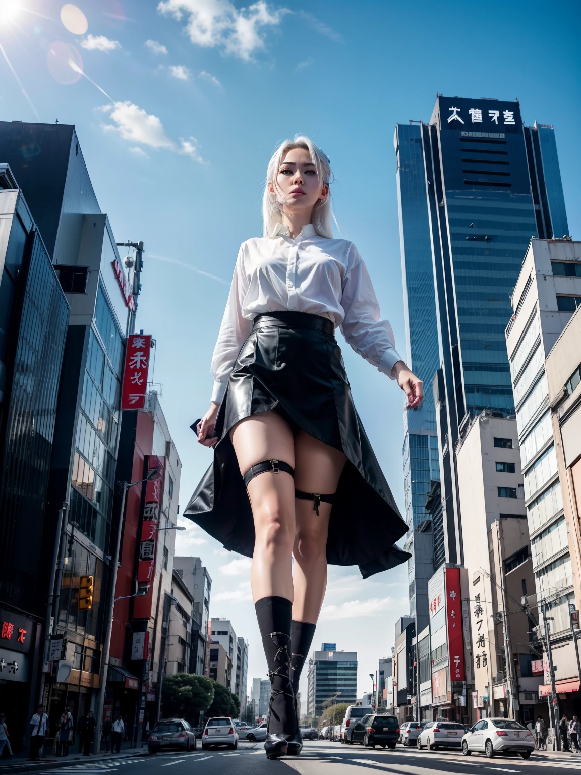 Tokyo, Japan, Giantess, wolf ear, white hair, red eyes, Light frown, Looking down, sky, Sheer white shirt, Black skirt, black lence stockinglock sunlight, high-heels, Raise your feet, disrupt, buildings collapsed