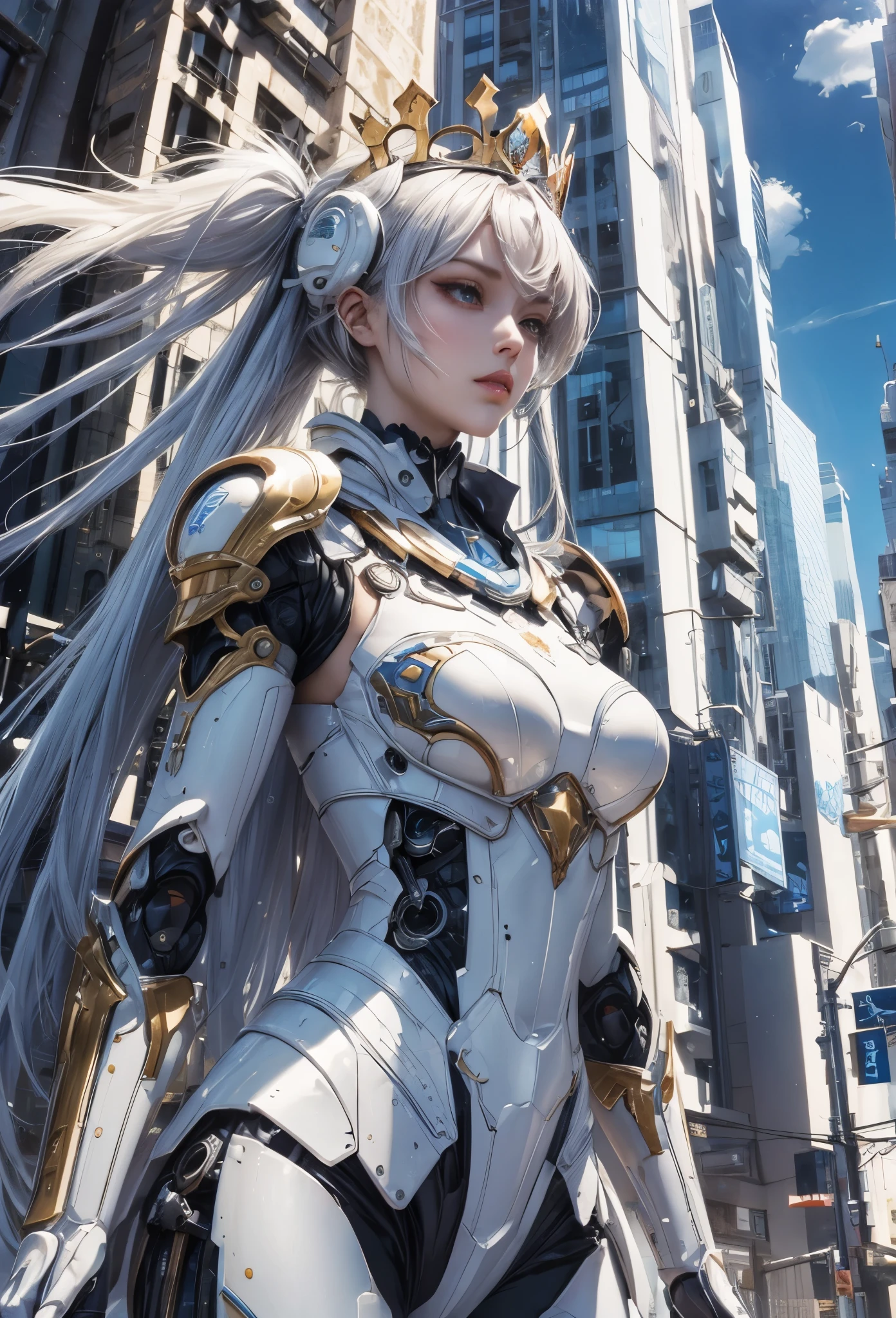 (Detailed illustrations,Very detailed and detailed drawing,Delicate lines with slow and rapid,Realistic texture expression),[Color tressed main line],[Modern city skyscrapers background],(ANIME)(A white GIANTROBOTGirl towering over the building area (SKINNY[SLENDER])),[AUTOMATON](A painstaking face like a sculpture[ROBOTFACE[Eyes like jewels that emit blue-white light]])[[Titanium internal skeleton](Delicate thin fingers) (MACHINEKNIGHT)],((Elegant exterior with many curved surfaces [smooth body surface]) (large crown [[large raised shoulder pad]](Ruffle Petticoat)))[It is called the princess lily of white porcelain],[[TITANWEAPON]] Mecha Body Metal Skin [Cable running down the body surface [gear wheel]],[Platinum coating],[Science Fiction Mechanical [Steampunk]],([beautiful and artistic decoration] [Dense detail [White lily pattern]])[Transparency],(detaileds,high-detail),[[long and beautiful eyelashes]Perfect and beautiful face],[Meticulously drawn hair [美しく艷やかな髪のdetaileds]],(完璧な手のdetaileds [Beautiful fingers without breakdowns [Beautiful nails]]),(Perfect Anatomy(Perfectly proportioned))[[Full body like]],[Ideal color coordination(Accurate simulation of light-material interactions)],([Precision Detail](detaileds,high-detail)),(Huge feeling [Total length 40 meters])[Visual art that conveys a sense of narrative].