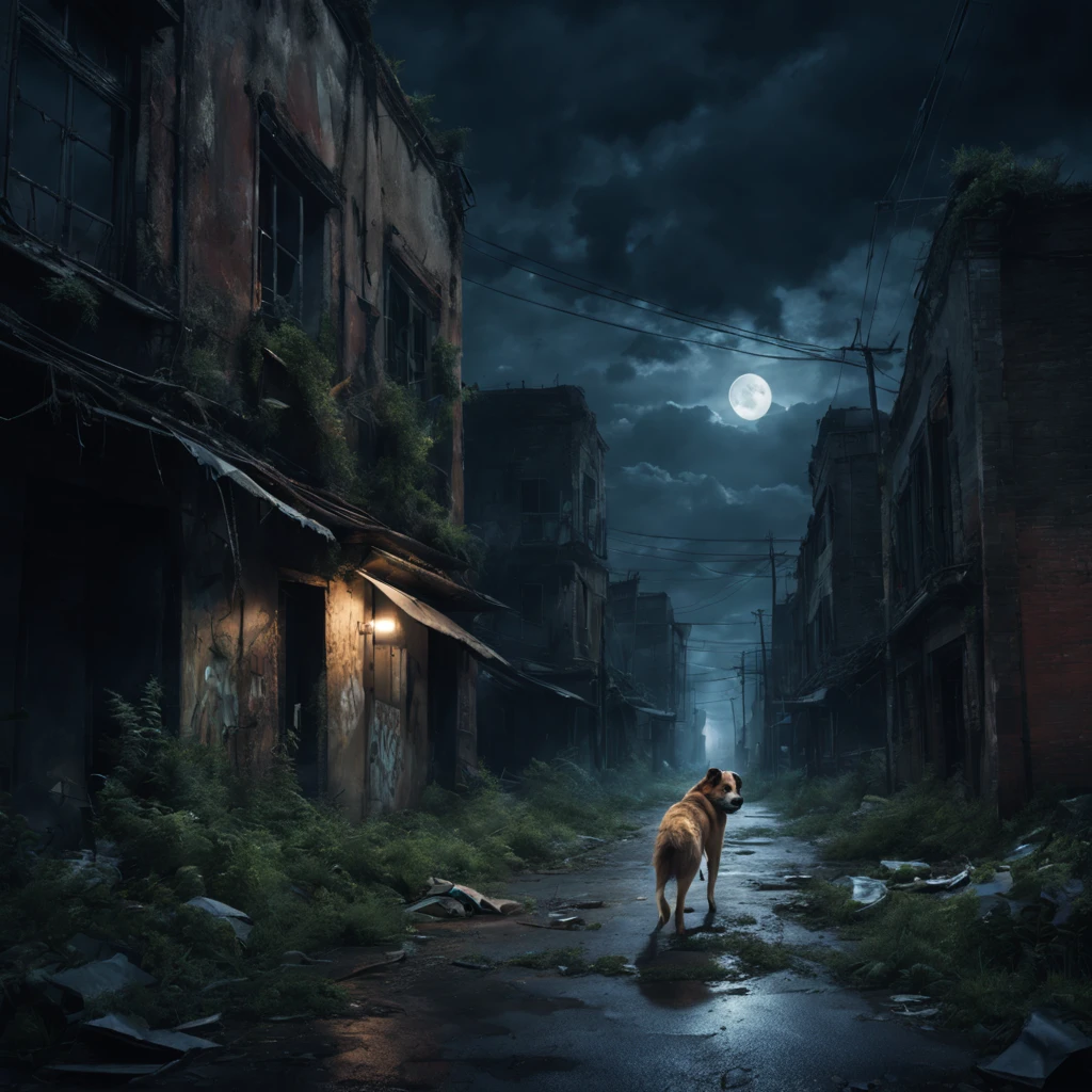 Abandoned city night view,Desolate atmosphere,Night view,Abandoned buildings,Dilapidated streets,A hungry stray dog is looking for food,faded graffiti,Ominous darkness,overgrown vegetation,Post-apocalyptic feelinelancholic color palette,dramatic contrast,intense shading,clouds under moonlight,surreal atmosphere,Dystopian background,frotting,A sky full of starest quality,4k,8k,highres,masterpiece:1.2,ultra-detailed,realistic:1.37,