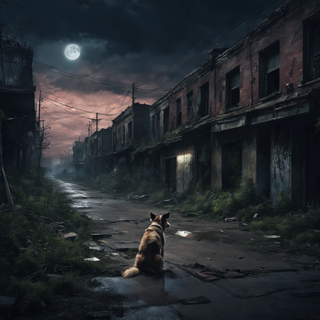Abandoned city night view,Desolate atmosphere,Night view,Abandoned buildings,Dilapidated streets,A hungry stray dog is looking for food,faded graffiti,Ominous darkness,overgrown vegetation,Post-apocalyptic feelinelancholic color palette,dramatic contrast,intense shading,clouds under moonlight,surreal atmosphere,Dystopian background,frotting,A sky full of starest quality,4k,8k,highres,masterpiece:1.2,ultra-detailed,realistic:1.37,