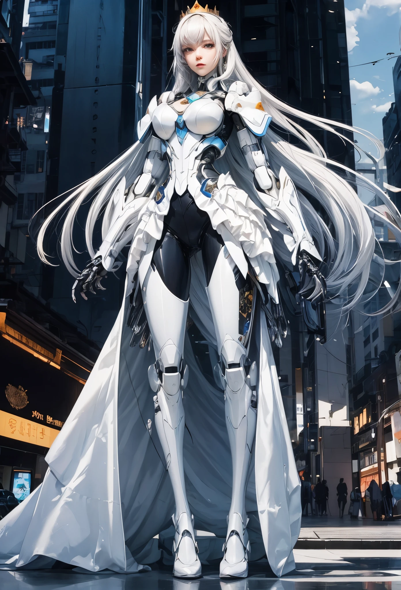 (Detailed illustrations,Very detailed and detailed drawing,Delicate lines with slow and rapid,Realistic texture expression),[Color tressed main line],[Modern city skyscrapers background],(ANIME)(A white GIANTROBOTGirl towering over the building area (SKINNY[SLENDER])),[AUTOMATON](A painstaking face like a sculpture[ROBOTFACE[Eyes like jewels that emit blue-white light]])[[Titanium internal skeleton](Delicate thin fingers) (MACHINEKNIGHT)],((Elegant exterior with many curved surfaces [smooth body surface]) (large crown [[large raised shoulder pad]](Ruffle Petticoat)))[It is called the princess lily of white porcelain],[[TITANWEAPON]] Mecha Body Metal Skin [Cable running down the body surface [gear wheel]],[Platinum coating],[Science Fiction Mechanical [Steampunk]],([beautiful and artistic decoration] [Dense detail [White lily pattern]])[Transparency],(detaileds,high-detail),[[long and beautiful eyelashes]Perfect and beautiful face],[Meticulously drawn hair [美しく艷やかな髪のdetaileds]],(完璧な手のdetaileds [Beautiful fingers without breakdowns [Beautiful nails]]),(Perfect Anatomy(Perfectly proportioned))[[Full body like]],[Ideal color coordination(Accurate simulation of light-material interactions)],([Precision Detail](detaileds,high-detail)),(Huge feeling [Total length 40 meters])[Visual art that conveys a sense of narrative].