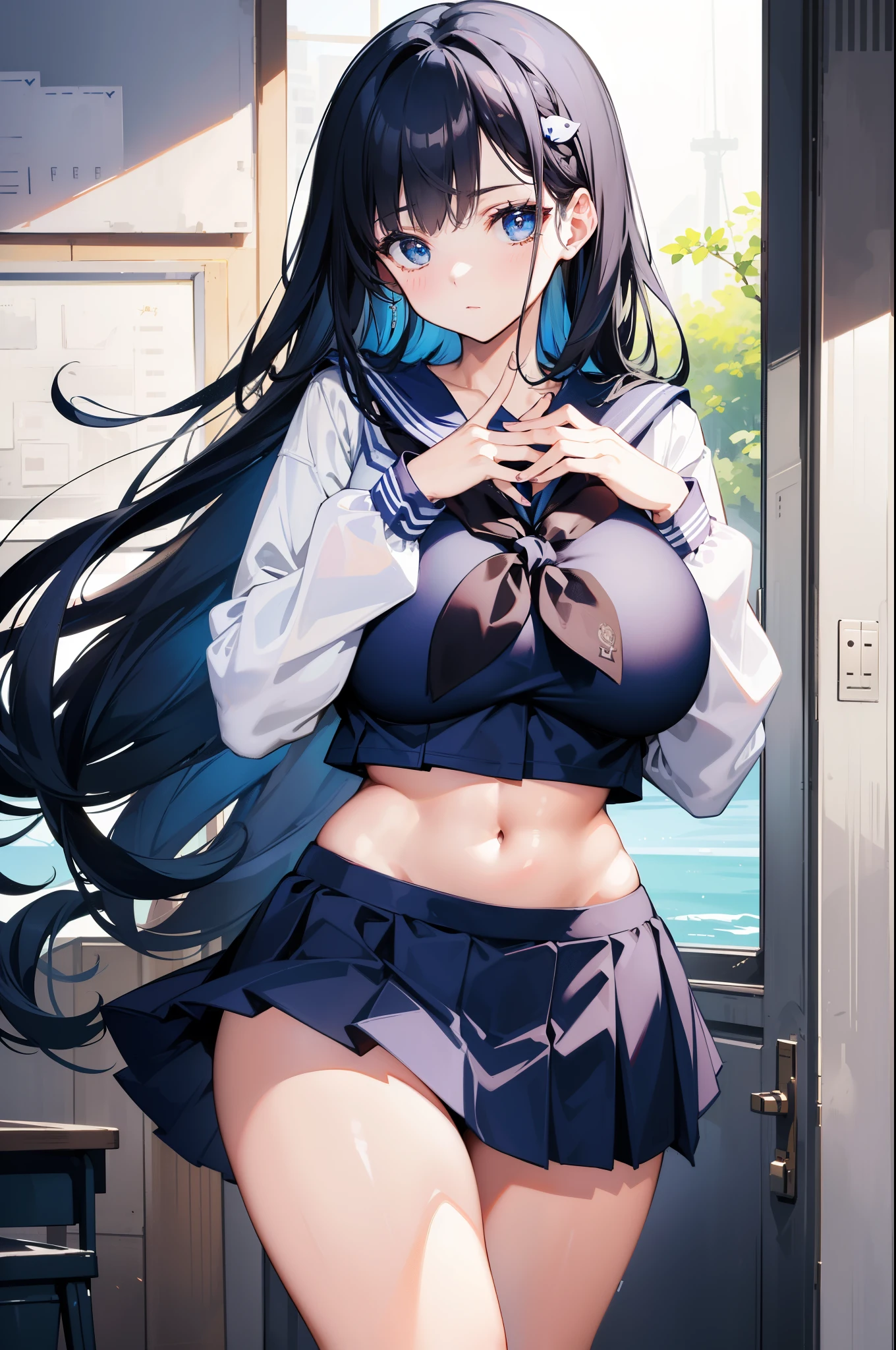 (((masterpiece, Highest quality:1.5,absurdres))),25 year old beauty,(dark blue hair),((very small head:1.2)),long hair,bangs,dark blue eyes,gorgeous eyes,blush、in heat,medium breasts,((very long body:1.2)),((toned body,slender body)),skinny,((tan skin)),gleaming skin,shiny skin,sweat,((Navy blue camisole、Underboob、navel、Navy blue pleated mini skirt、),library、Tokyo、