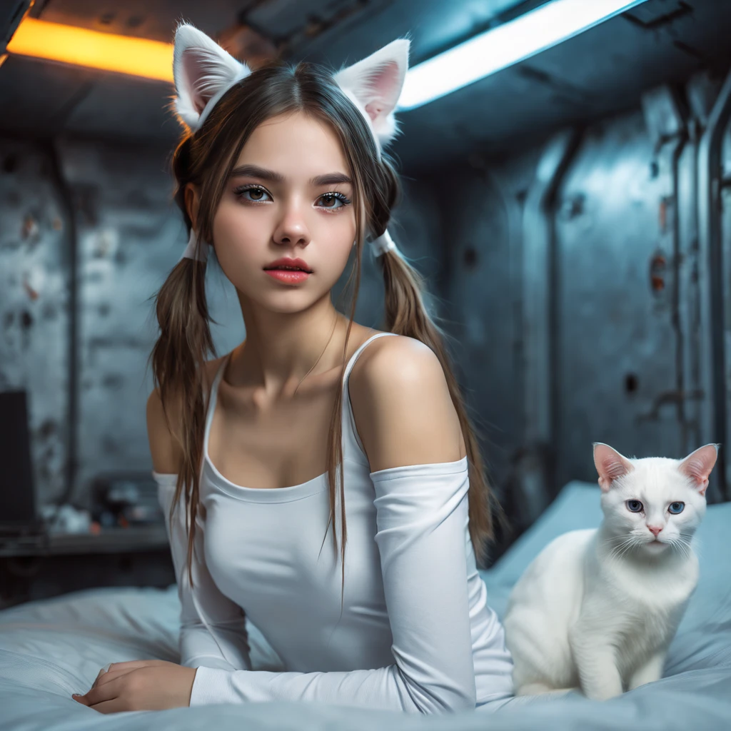 Beautiful girl,  sitting on a bed,  in a cyberpunk steel bunker with hatches etc.,  in the background. she is wearing white cats ears. She has twintail hairstyle. 16 years old girl,  slim petite,  small girl,  beautiful breasts. Masterpiece,  8k,  4k,  high resolution,  dslr,  ultra quality,  sharp focus,  tack sharp,  dof,  film grain,  Fujifilm XT3,  crystal clear,  8K UHD,  beautiful eyes with very large Dilated pupils,  high detailed skin,  skin pores,  seductive,   look,  bewitching lady with beautiful long hair,   full lips,  long legs,  lovely face wearing torn vaultsuit clothes. , realistic colors, realistic, photorealistic