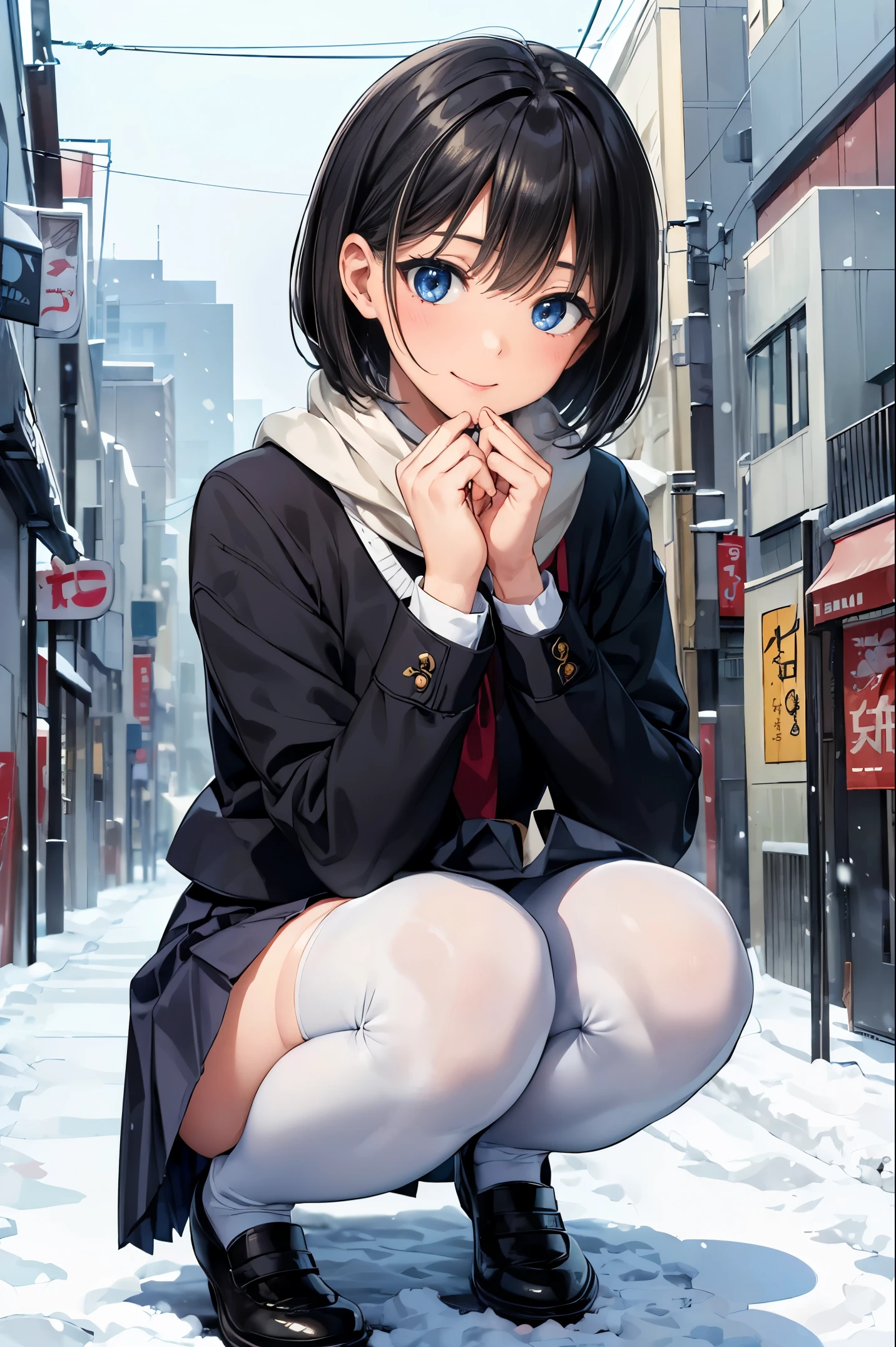(((masterpiece))), (((best quality))), ((ultra-detailed)), (illustration), (detailed light),((an extremely delicate and beautiful)),(beautiful detailed eyes),(1boy,otoko no ko, feminine),cute face,short hair,bob cut,black hair,flat chest,school uniform,pleated skirt,Scarf,blowing hair,thighhighs,white breath,smile BREAK Tokyo,street,snow,winter, squatting with knees close together,