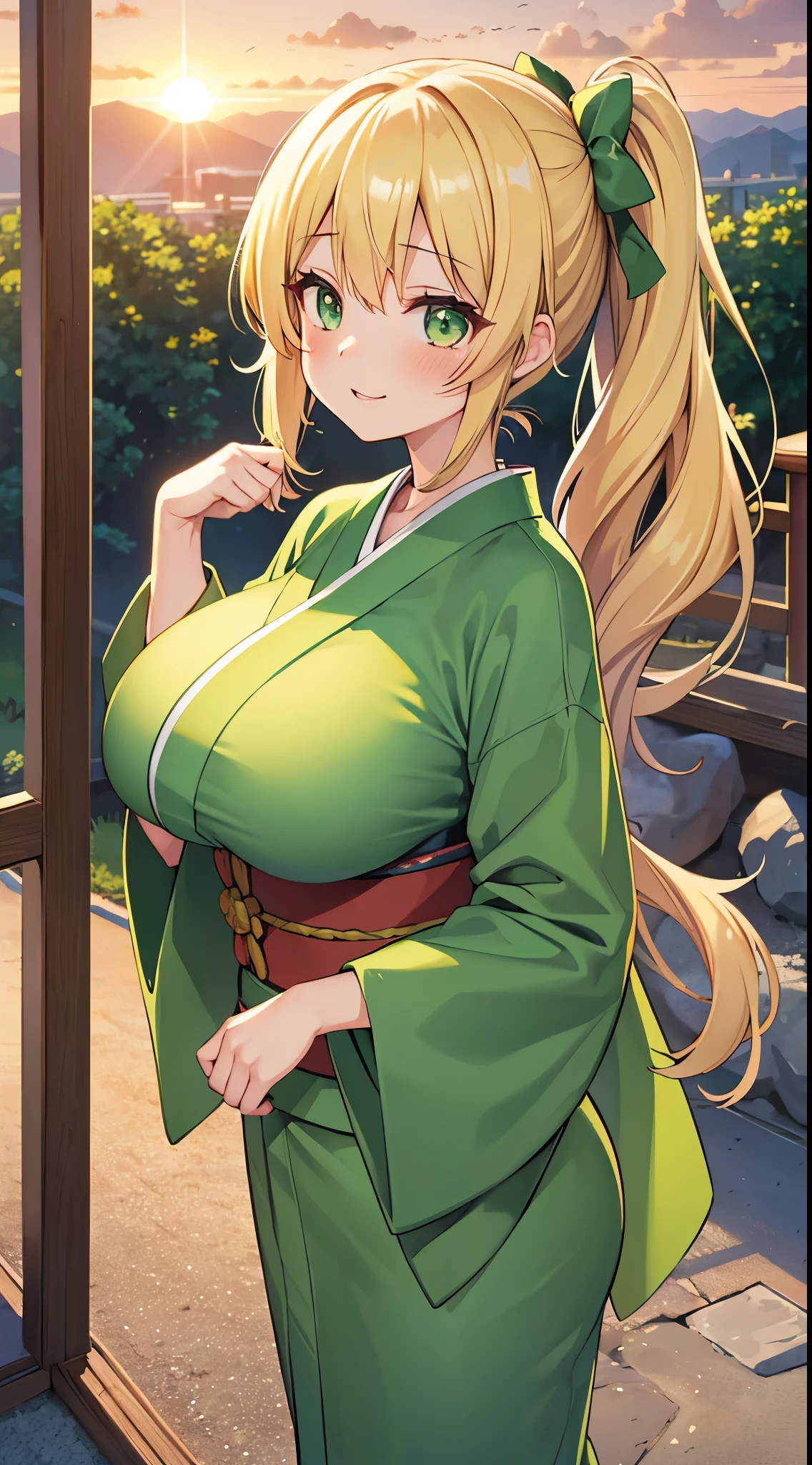 1 girl, game cg, green long kimono, kanzasi, gigantic breasts, blonde, middle hair, side ponytail, green eyes, happy, blush, dynamic, japan, sunrise,