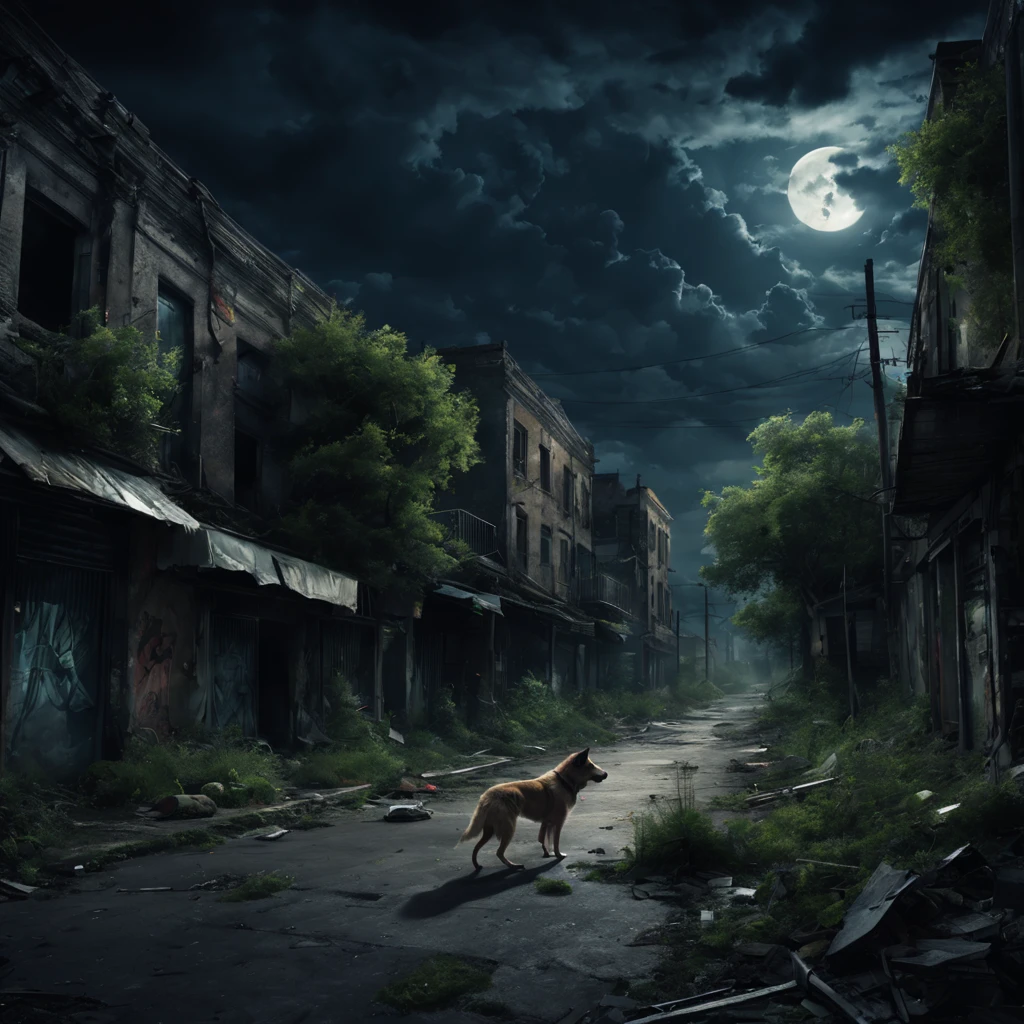 Abandoned city night view,Desolate atmosphere,Night view,Abandoned buildings,Dilapidated streetaded graffiti,A hungry stray dog is looking for food,Ominous darkness,overgrown vegetation,Post-apocalyptic feelinelancholic color palette,dramatic contrast,intense shading,clouds under moonlight,surreal atmosphere,Dystopian background,frotting,A sky full of starest quality,4k,8k,highres,masterpiece:1.2,ultra-detailed,realistic:1.37,
