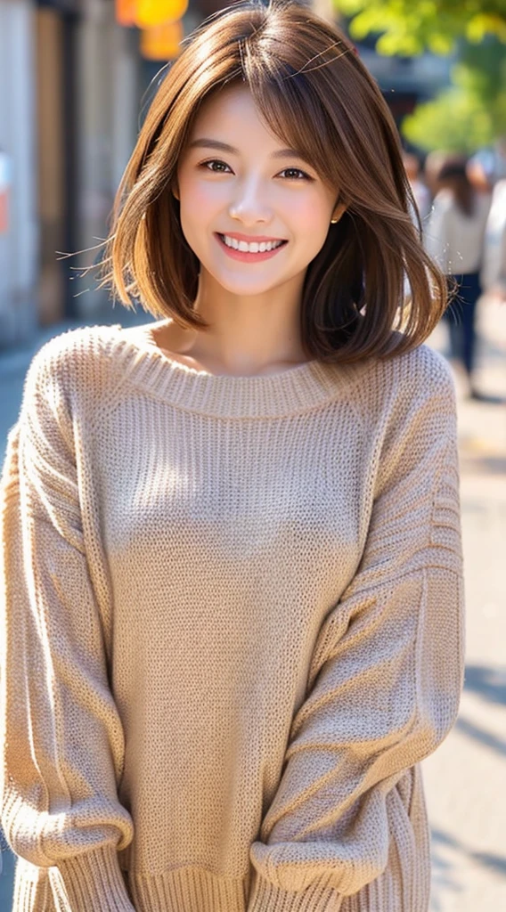 quality、image quality、8K分辨率、Beautiful woman with perfect style、combed brown hair,Short hair detailclusive clothes、Light colored sweaters、the street、The smile is bright, Detailed faces, 詳細な目,