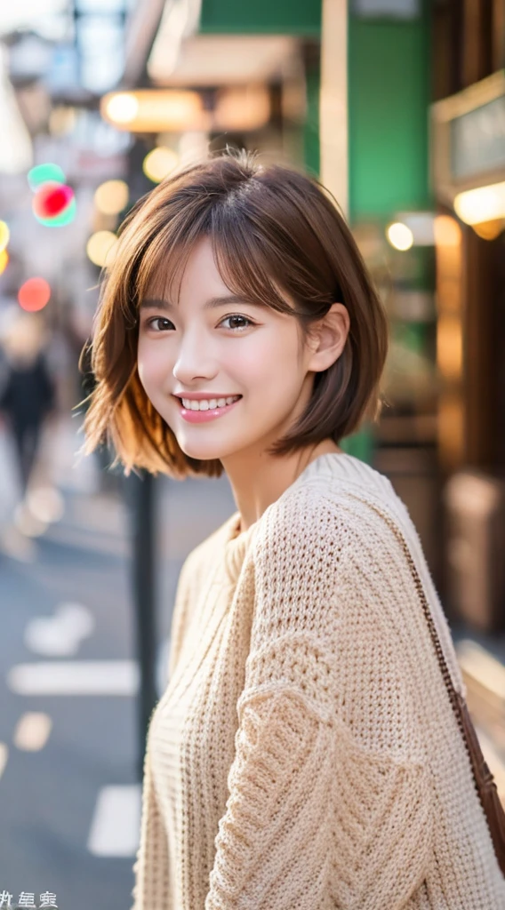 quality、image quality、8K分辨率、Beautiful woman with perfect style、combed brown hair，Short hair detailclusive clothes、Light colored sweaters、the street、The smile is bright, Detailed faces, 詳細な目,