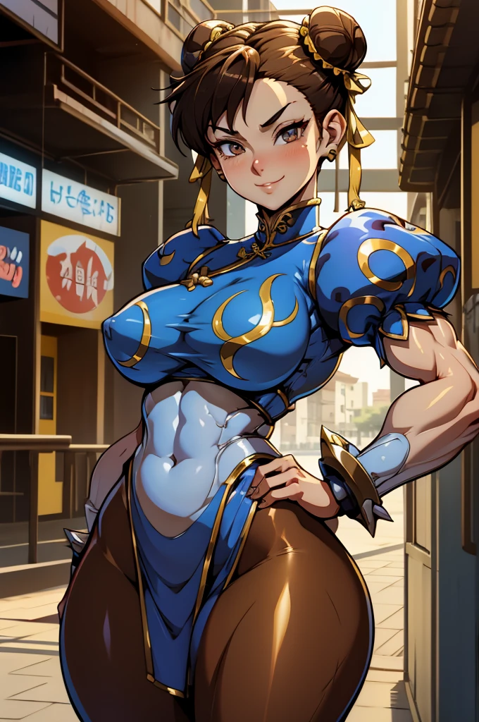 chun li, street fighter, belas coxas grossas, coxas sexys, , olhando para frente, belos olhos escuros, olhos detalhados, belo rosto, brown tights, botas brancas, pose de vitoria, belo sorriso , numa cidade chinesa de tarde