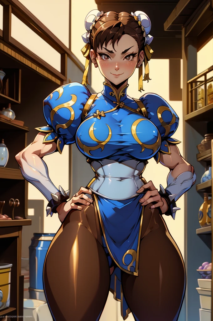 chun li, street fighter, belas coxas grossas, coxas sexys, , olhando para frente, belos olhos escuros, olhos detalhados, belo rosto, brown tights, botas brancas, pose de vitoria, belo sorriso , numa cidade chinesa de tarde