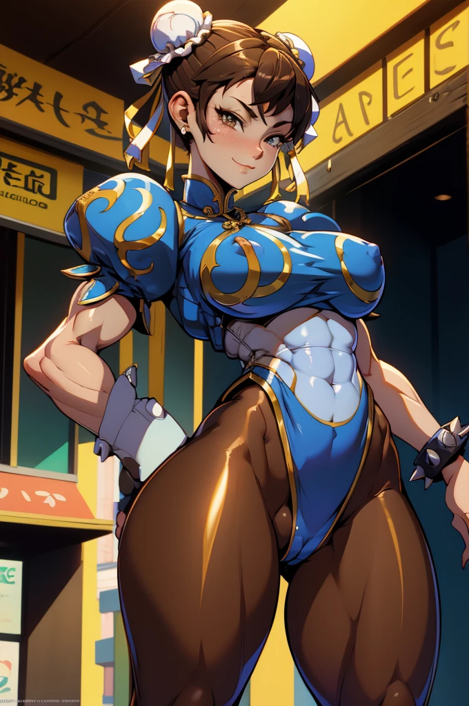 chun li, street fighter, belas coxas grossas, coxas ys, , olhando para frente, belos olhos escuros, olhos detalhados, belo rosto, brown tights, botas brancas, pose de vitoria, belo sorriso , numa cidade chinesa de tarde