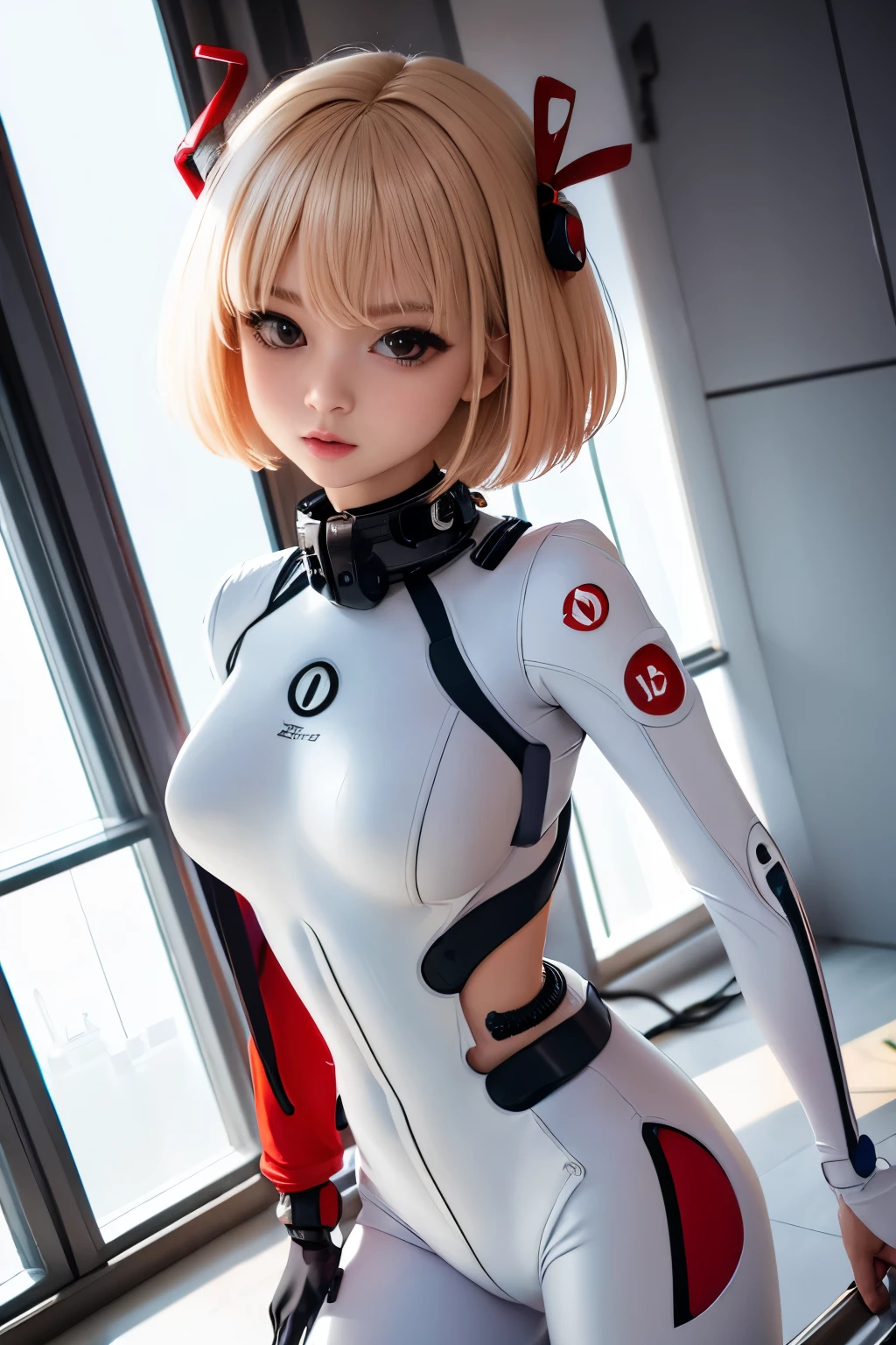 optimum，tmasterpiece，hight resolution，best qualtiy，hyper HD，super detailing，awardwinning，16 K，独奏，（The upper part of the body），anatomy correct，Beautiful cyberpunk girl，cowboy  shot、cute  face，，a blond、bob cuts、Red ribbon hair ornament、Hairline，（（scarlet eyes）），long eyelasher，Hanging eye corners，White skin of the，((Shoot head-on)), ((plugsuit:1.5)), ((Clocktop、)), ((Sheer nipples))、Rocket Tits, （Slim body），