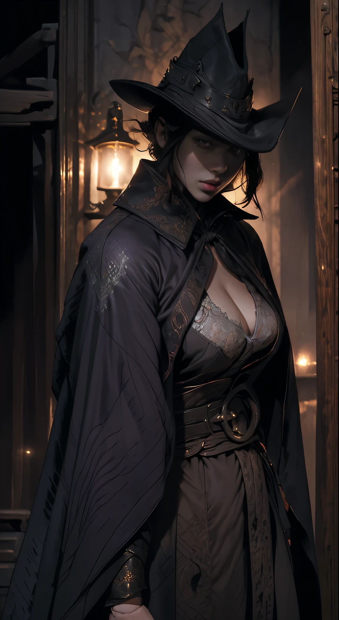 4k, 8k, masterpiece, best quality, upper body, 1girl, looking at viewer, black hair, short hair, purple eyes, sexy outfit ,massive perfect breast, black kimono, indoors, dimly lit, the age of the actress is 23 years old, open bust,, ((sexy woman)), vintage, dark atmosphere,,, highly detailed skin texture, extreme details,,, open coat,, (((medival style))), vintage, dark atmosphere,dark colors,,,