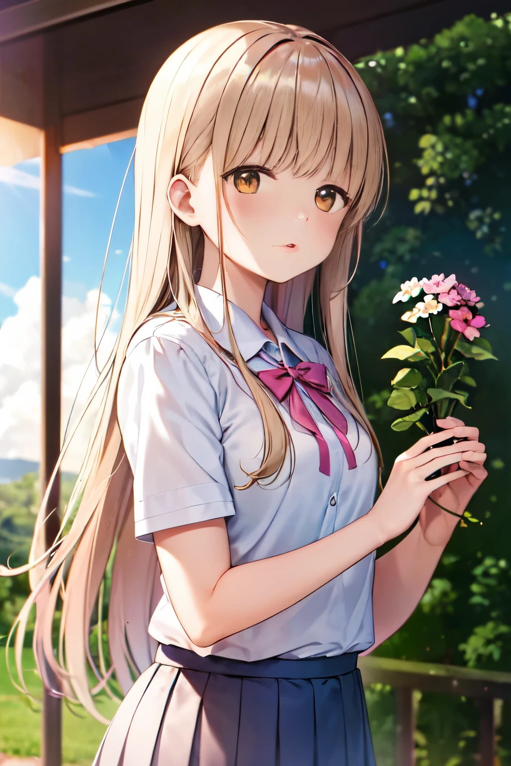 (masterpiece, best quality),1girl, mahiru shiina, solo, flower, outdoors, letterboxed, school uniform, day, sky, looking up, short sleeves, parted lips, shirt, cloud,  sunlight, white shirt, serafuku, upper body, from side, pink flower, blurry, blue sky, depth of field