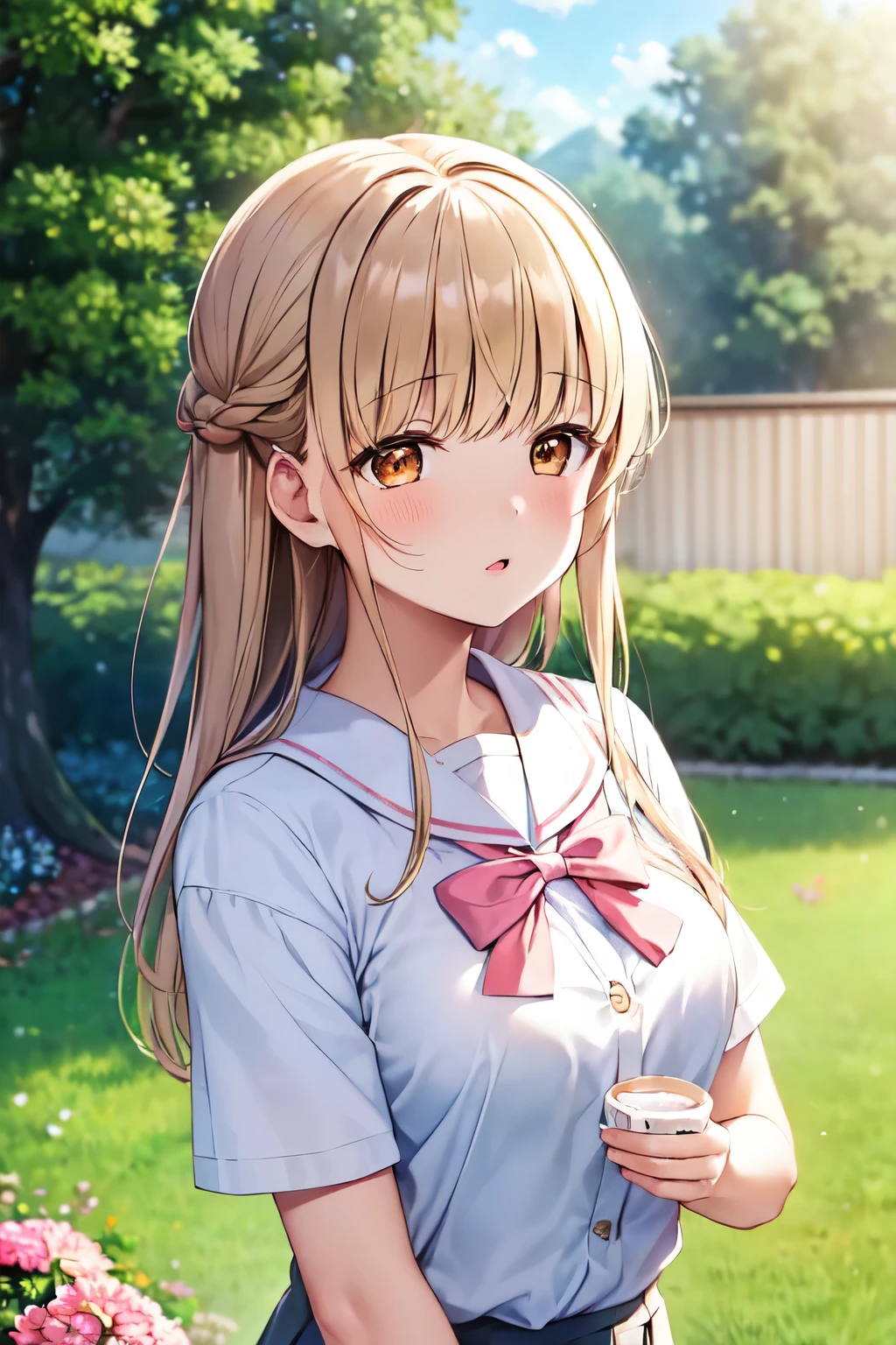 (masterpiece, best quality),1girl, mahiru shiina, solo, flower, outdoors, letterboxed, school uniform, day, sky, looking up, short sleeves, parted lips, shirt, cloud,  sunlight, white shirt, serafuku, upper body, from side, pink flower, blurry, blue sky, depth of field