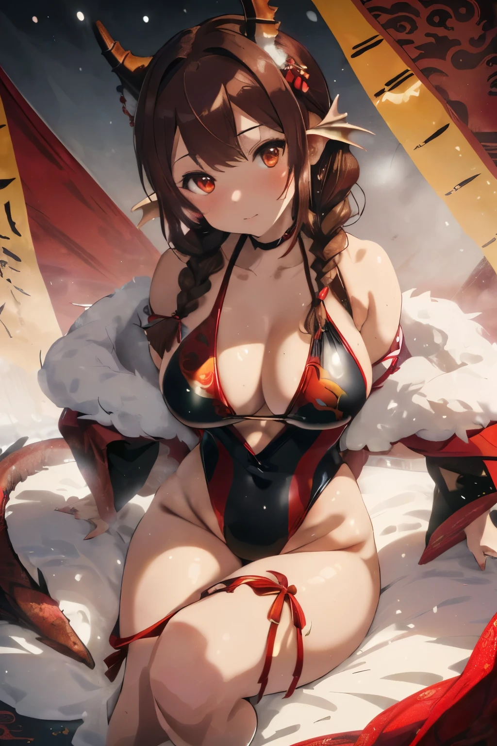 ((Brown hair)),((Braided shorthair)),((With black eyes)),Slight red tide,(Open-chested Japanese pattern swimsuit:1.5),(Dragon's horn:1.25),(fluffy cloak),(stylish five finger gloves:1.2),(Ruffled ornament:1.25),(Accessories and hair ornaments with flower motifs),(Usamimi:1.7),(active movement:1.25),It's snowing a little,(The color of the swimsuit is light purple, Green, yellow, and red..),Kamimei,(close up of face:1.25),(Illustration of an oversized dragon in the background:1.5),(New Year'Atmosphere of:1.25),sexy pose