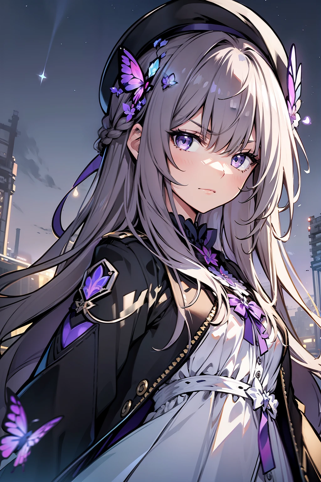 (best quality:1.3), (masterpiece:1.3), (illustration:1.3), (ultra-detailed:1.3), 1girl, solo, very young, flat chest, purple eyes, white hair, long hair, white dress, black coat, black beret, serious expression, angry expression, looking at viewer, purple flower, hair ornament, short, french braid, night sky, glowing purple butterfly,