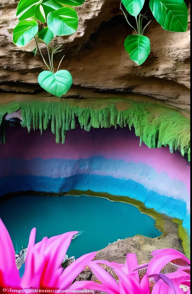 pink and blue gradation,Like being sucked in,Mysterious green plants in the background,caves