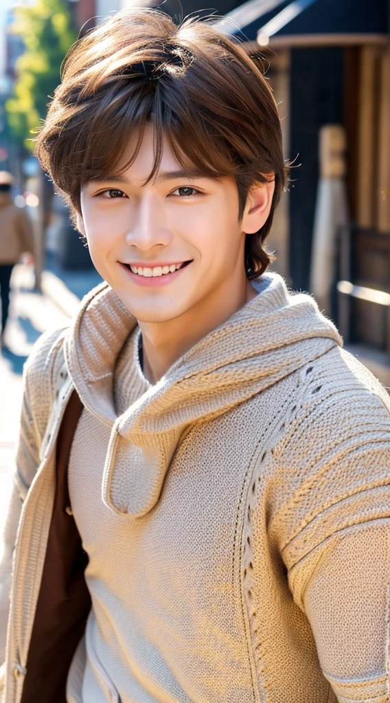 quality、image quality、8K分辨率、Handsome man with perfect style、combed brown hair，Short hair detailclusive clothes、Light colored sweaters、the street、The smile is bright, Detailed faces, 詳細な目,