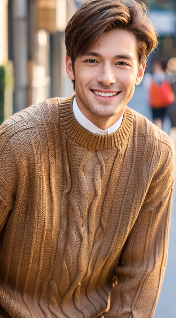 quality、image quality、8K分辨率、Handsome man with perfect style、combed brown hair，Short hair detailclusive clothes、Light colored sweaters、the street、The smile is bright, Detailed faces, 詳細な目,