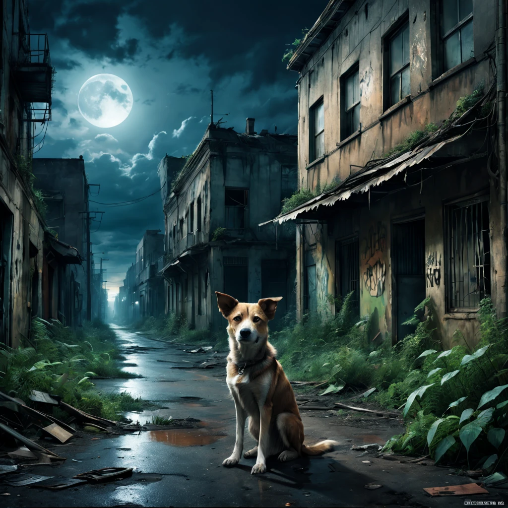 Abandoned city night view，Desolate atmosphere，Night view，Abandoned buildings，Dilapidated streetaded graffiti，A hungry stray dog is looking for food，Ominous darkness，overgrown vegetation，Post-apocalyptic feelinelancholic color palette，dramatic contrast，intense shading，clouds under moonlight，surreal atmosphere，Dystopian background，frotting，A sky full of starest quality,4k,8k,highres,masterpiece:1.2,ultra-detailed,realistic:1.37,
