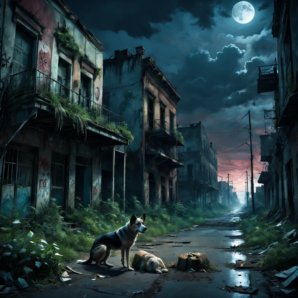 Abandoned city night view,Desolate atmosphere,Night view,Abandoned buildings,Dilapidated streetaded graffiti,A hungry stray dog is looking for food,Ominous darkness,overgrown vegetation,Post-apocalyptic feelinelancholic color palette,dramatic contrast,intense shading,clouds under moonlight,surreal atmosphere,Dystopian background,frotting,A sky full of starest quality,4k,8k,highres,masterpiece:1.2,ultra-detailed,realistic:1.37,