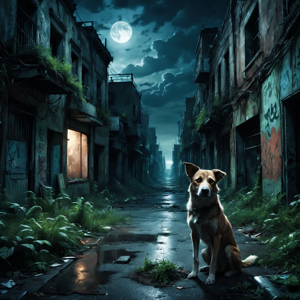 Abandoned city night view,Desolate atmosphere,Night view,Abandoned buildings,Dilapidated streetaded graffiti,A hungry stray dog is looking for food,Ominous darkness,overgrown vegetation,Post-apocalyptic feelinelancholic color palette,dramatic contrast,intense shading,clouds under moonlight,surreal atmosphere,Dystopian background,frotting,A sky full of starest quality,4k,8k,highres,masterpiece:1.2,ultra-detailed,realistic:1.37,