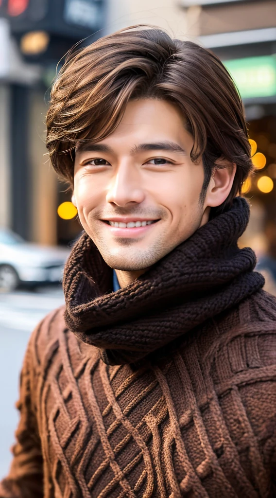 quality、image quality、8K分辨率、Handsome man with perfect style、combed brown hair,Short hair detailclusive clothes、Dark sweater、the street、The smile is bright, Detailed faces, 詳細な目,