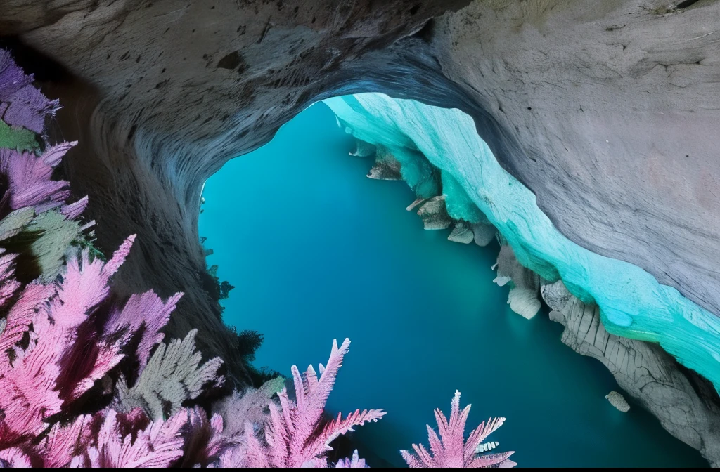 pink and blue gradation,Like being sucked in,Mysterious green plants in the background,caves