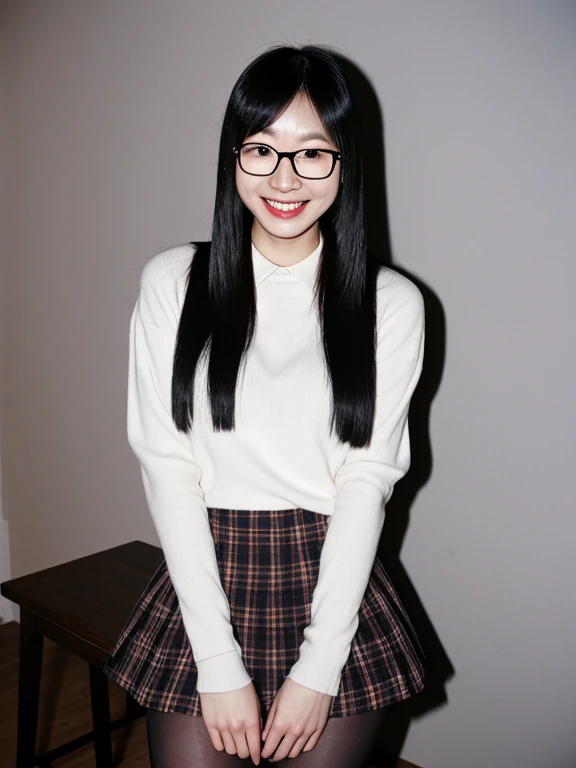 asian, glasses,  small breasts, topless, smile, sexy pencil skirt, tights, long straight hair, long legs