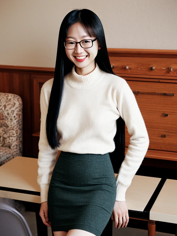 asian, glasses, small breasts, topless, smile, sexy pencil skirt, tights, long straight hair, long legs