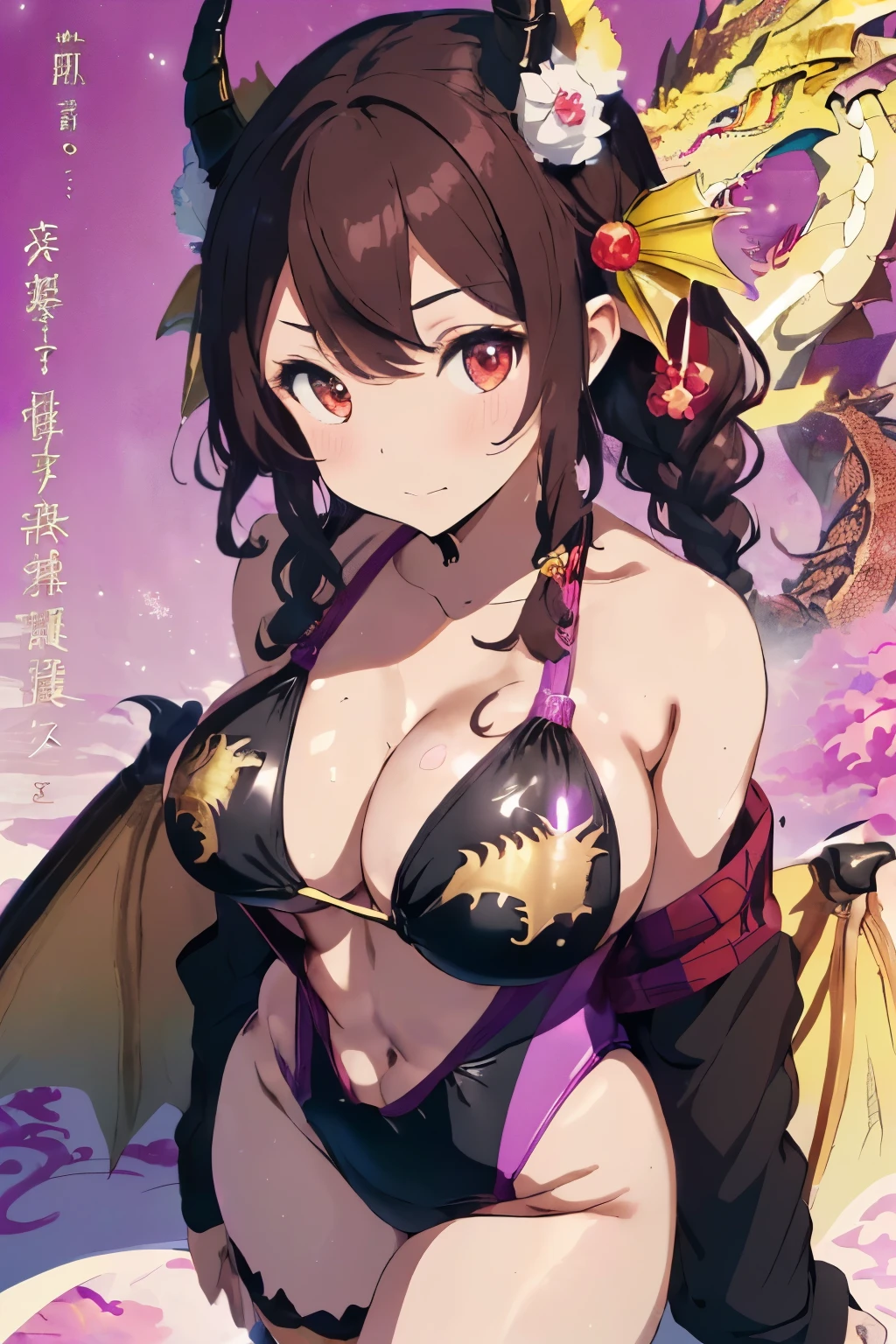 ((Brown hair)),((Braided shorthair)),((A blackい目で)),Slight red tide,(Open-chested Japanese pattern swimsuit:1.5),(Dragon's horn:1.25),(fluffy cloak),(stylish five finger gloves:1.2),(Ruffled ornament:1.25),(Accessories and hair ornaments with flower motifs),(Usamimi:1.7),(active movement:1.25),It's snowing a little,(The color of the swimsuit is light purple、blanche、golds、A black.),Kamimei,(close up of face:1.35),(Illustration of an oversized dragon in the background:1.5),(New Year'Atmosphere of:1.25),y pose