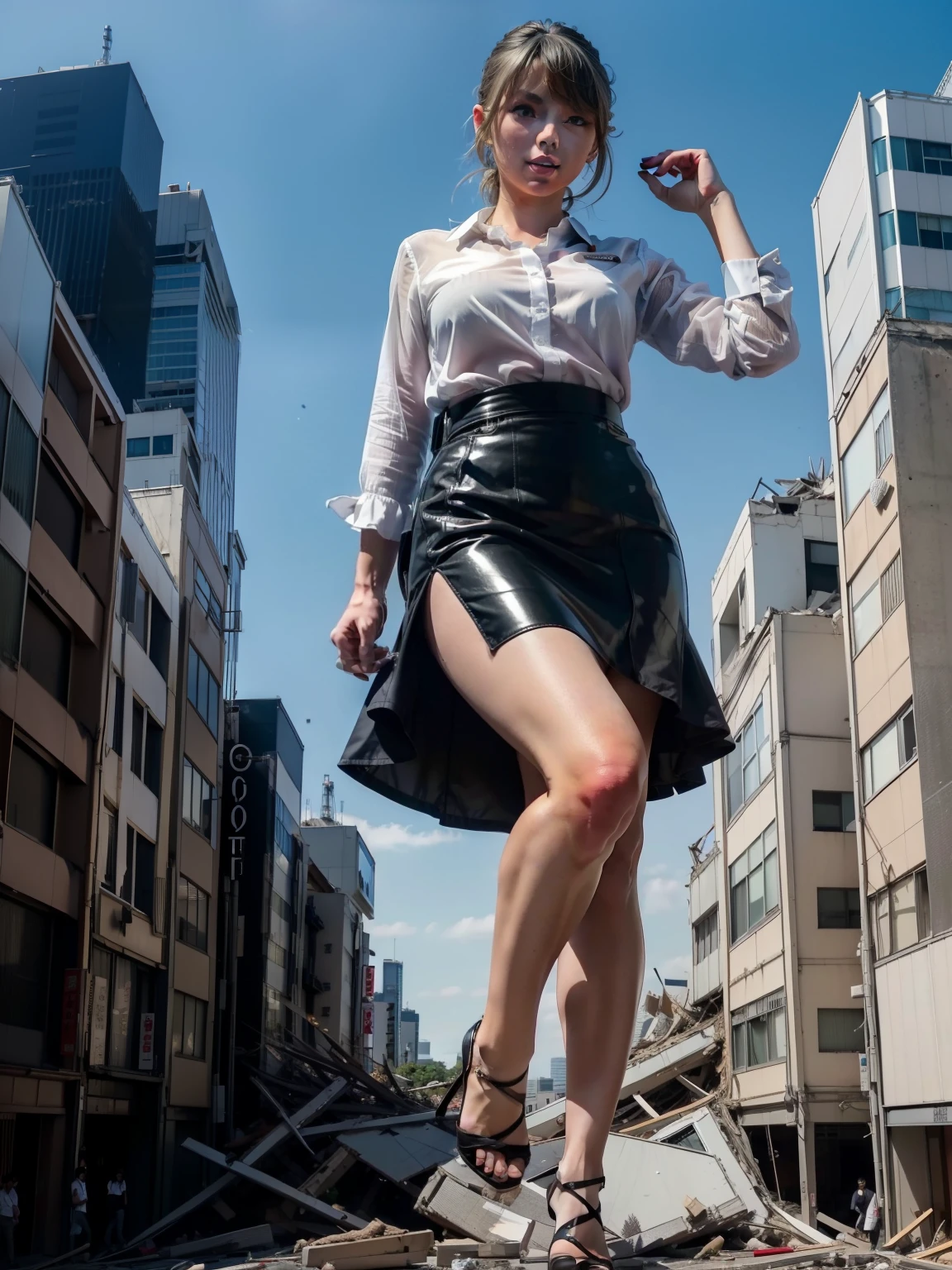 Tokyo, Japan, Giantess, looking like taylor swift, Light frown, Looking down, sky, Sheer white shirt, Black skirt, black lence stockinglock sunlight, high-heels, Raise your feet, disrupt, buildings collapsed