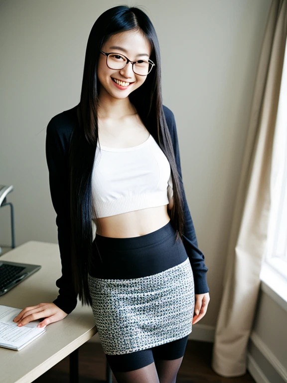 asian, glasses,  small breasts, topless, smile, sexy pencil skirt, tights, long straight hair, long legs