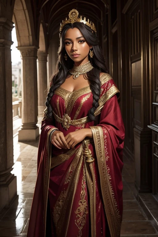 Medusa con serpientes en el pelo, dark skin, vestido antiguo, capa con capucha puesta, paisaje del templo