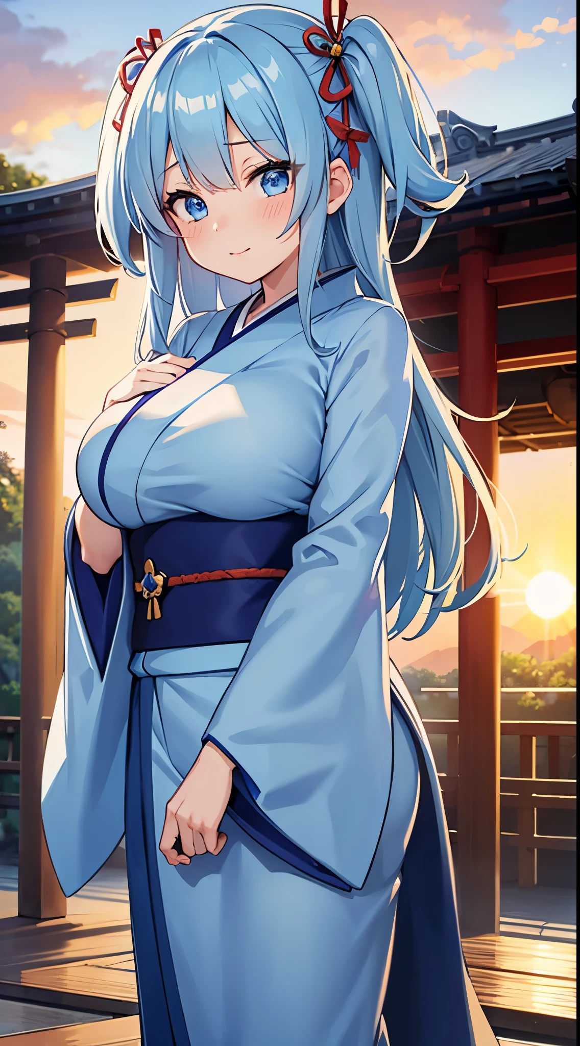 1 girl, game cg, blue long kimono, kanzasi, gigantic breasts, light blue hair, middle hair, two side up, blue eyes, happy, blush, dynamic, Japan, sunrise,