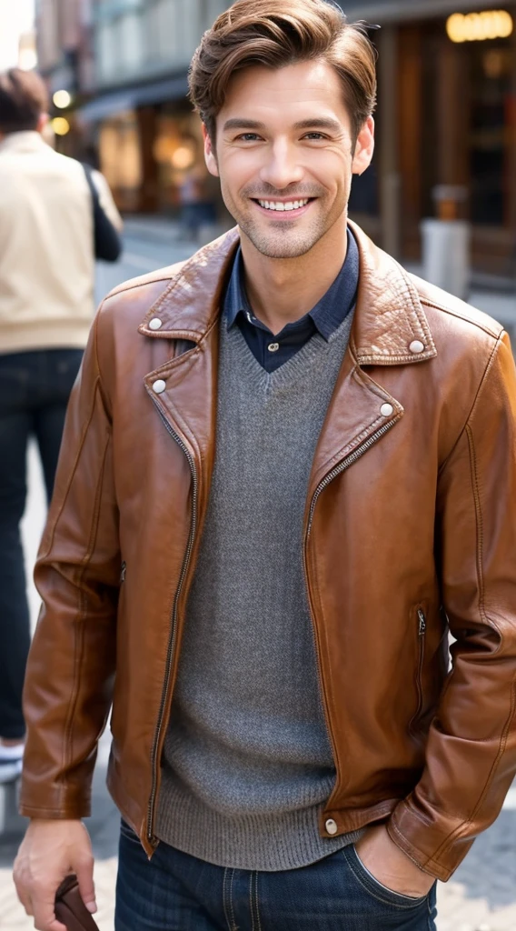 quality、image quality、8K分辨率、Handsome man with perfect style、combed brown hair，Short hair detailclusive leather jacket、Light colored sweaters、the street、The smile is bright, Detailed faces, 詳細な目,