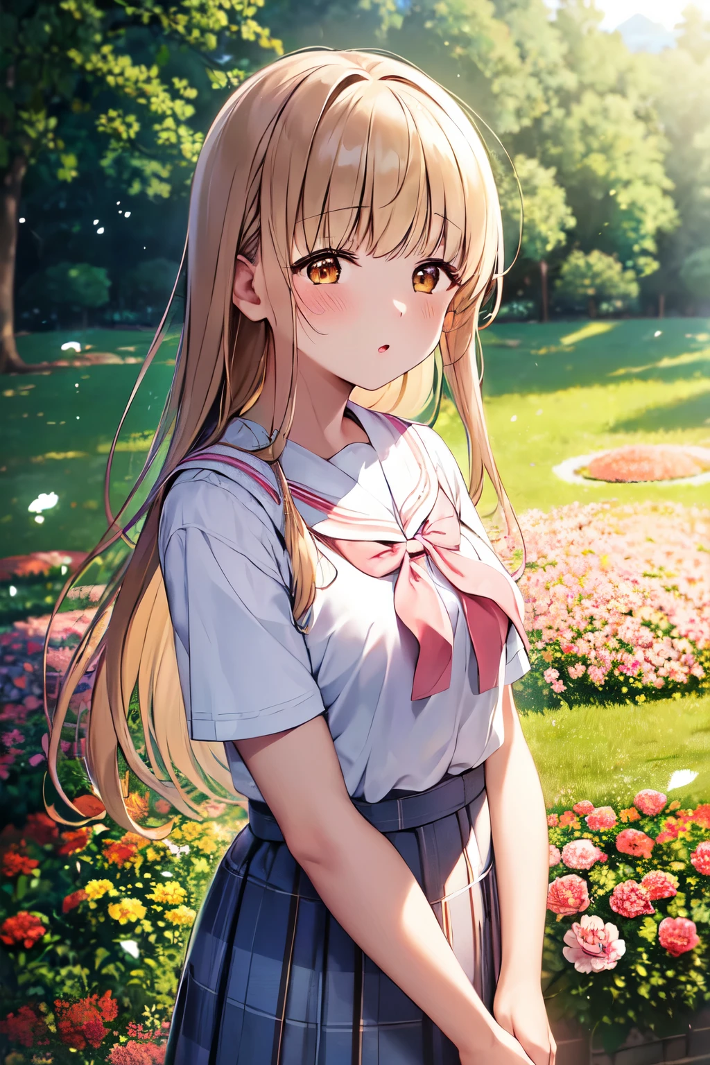 (masterpiece, best quality),1girl, mahiru shiina, solo, flower, outdoors, letterboxed, school uniform, day, sky, looking up, short sleeves, parted lips, shirt, cloud,  sunlight, white shirt, serafuku, upper body, from side, pink flower, blurry, blue sky, depth of field