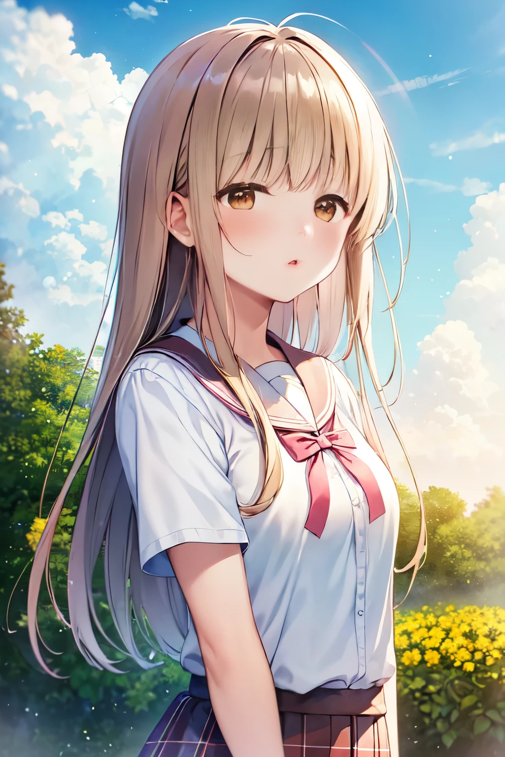 (masterpiece, best quality),1girl, mahiru shiina, solo, flower, outdoors, letterboxed, school uniform, day, sky, looking up, short sleeves, parted lips, shirt, cloud,  sunlight, white shirt, serafuku, upper body, from side, pink flower, blurry, blue sky, depth of field