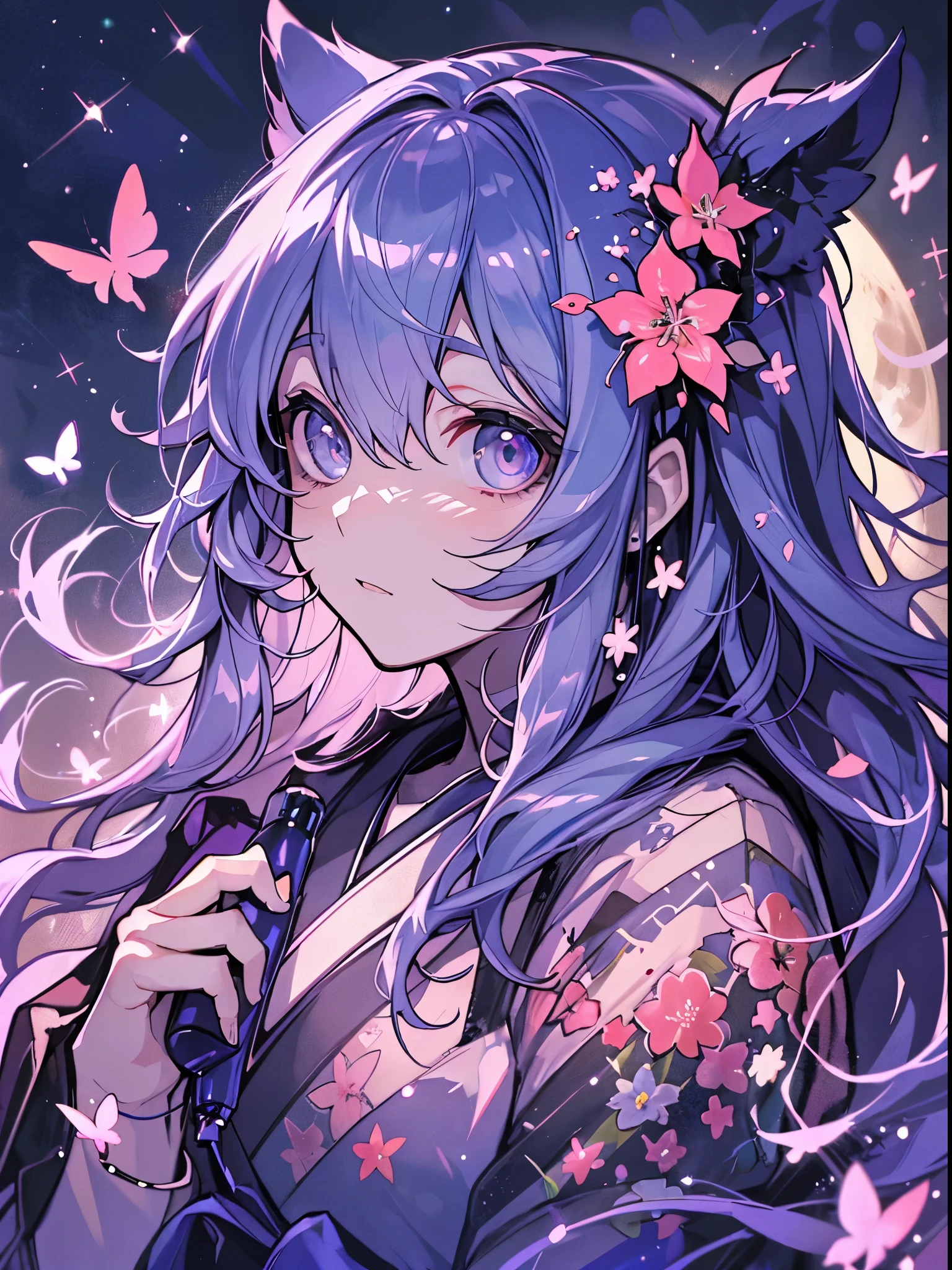 a girl with purple hair, left eye blue and right eye red, holding a bamboo in her mouth, wearing a torn kimono, detailed face, beautiful detailed eyes, beautiful detailed lips, extremely detailed eyes and face, long eyelashes, masterpiece, 8k, high quality, digital painting, vibrant colors, dramatic lighting, surreal, fantasy